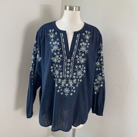 J Jill Womens XL Navy Embroidered Tunic Top Blouse Long Sleeve Floral Boho - Picture 2 of 12